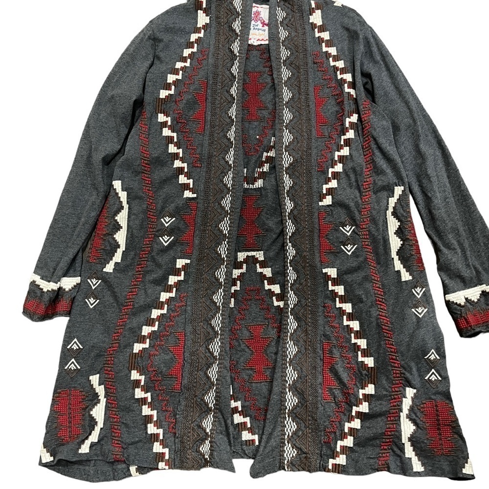 Johnny Was Embroidered Southwestern Long Open Cardigan Gray Red S Small - Picture 4 of 8